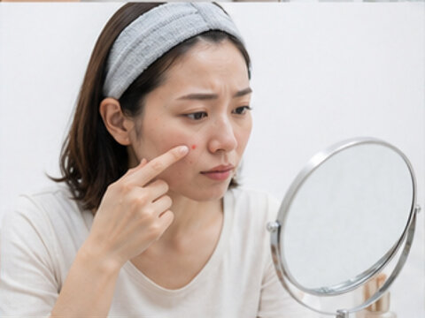 鏡を見る女性,美容,美容医療,肌悩み,顔の悩み,コンプレックス,鏡,女性,日本人女性,顔,肌,頬,目元,口元,鼻,額,あご,フェイスライン,しわ,たるみ,シミ,毛穴,ニキビ,くすみ,乾燥肌,ほうれい線,目の下のクマ,肌荒れ,肌トラブル,スキンケア,エイジングケア,アンチエイジング,美容相談,美容カウンセリング,美容クリニック,美容皮膚科,美容外科,施術前,セルフチェック,確認,悩む,考える,不安,