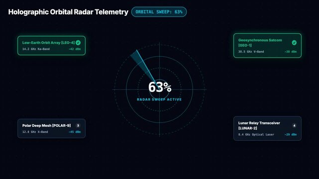 Futuristic holographic orbital radar telemetry interface showing satellite tracking and signal lock progress.