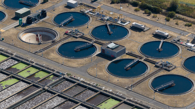 Aerial view of a wastewater treatment plant in London