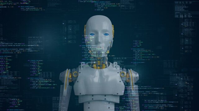 Motion graphic of a futuristic humanoid robot analyzing artificial intelligence and cybersecurity programming code, designed for modern machine learning and software technology concepts.