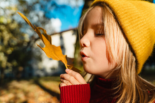 Little girl blows on a yellow autumn leaf outdoors