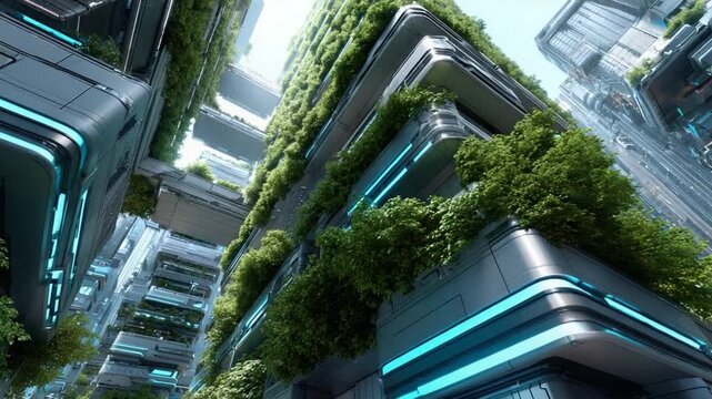 Futuristic Eco-Cityscape: Towering skyscrapers interwoven with lush vertical gardens and glowing blue lights, embodying a sustainable, futuristic urban environment.