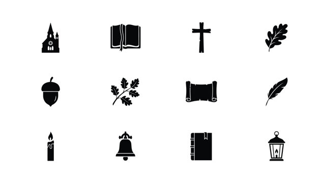 Black and white religious and nature symbols arranged in clean grid pattern with silhouette icons religious arranged 3x3 nine black illustration traditional minimalist oak