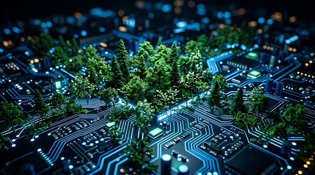 A lush green forest growing from a high tech computer circuit board representing sustainable green technology and digital environmental integration