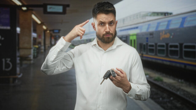 Man holding car keys points finger to head on a train platform inside a building, wearing white shirt and beard, puzzled expression; confusion forgetfulness.