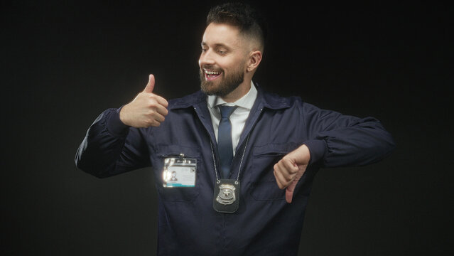 Man with badge and idcard in navy jacket and tie shows both thumbs up and thumbs down while pointing to wrist in studio; conflicted duty.