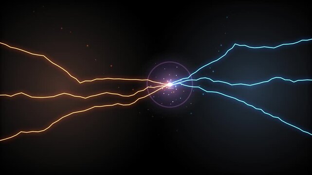 Abstract energy collision with orange and blue lightning bolts and glowing core particle effect electricity