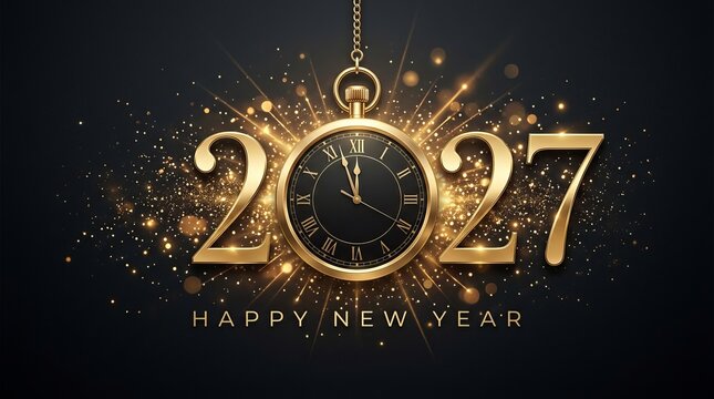 Happy New Year 2027 greeting card with golden clock and sparkling festive background