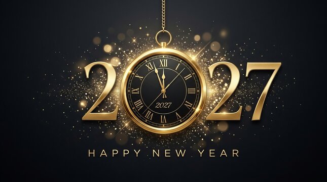 2027 Happy New Year gold greeting card with luxury clock and sparkling glitter background