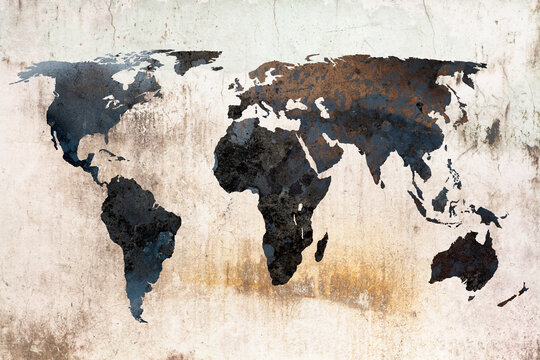 Old weathered world map digital collage with grunge texture