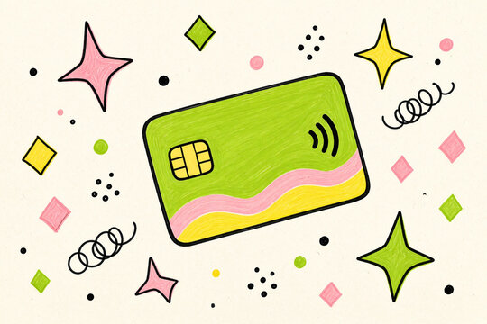 Hand drawn marker illustration of a green contactless credit card. Modern fintech and wireless payment concept with decorative shapes