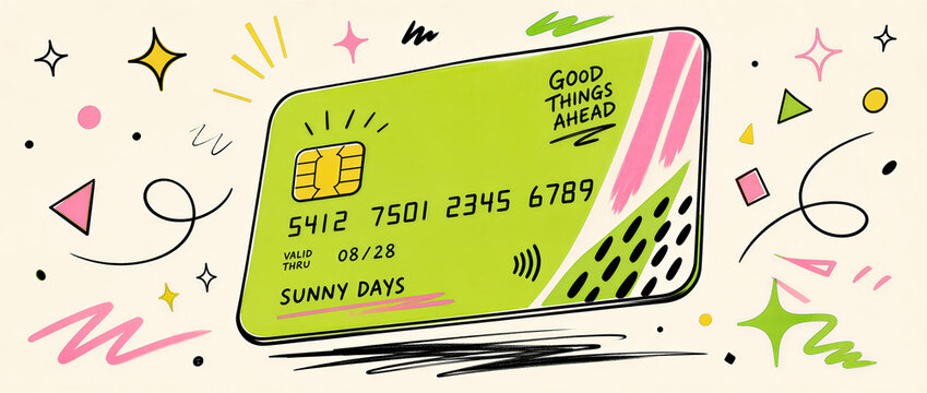Hand drawn style green credit card with abstract doodles. Colorful marker graphic illustration of plastic bank card with chip and contactless symbol. Fintech and online payment concept