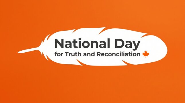 National Day for Truth and Reconciliation graphic, white feather on orange background, Canadian indigenous awareness banner
