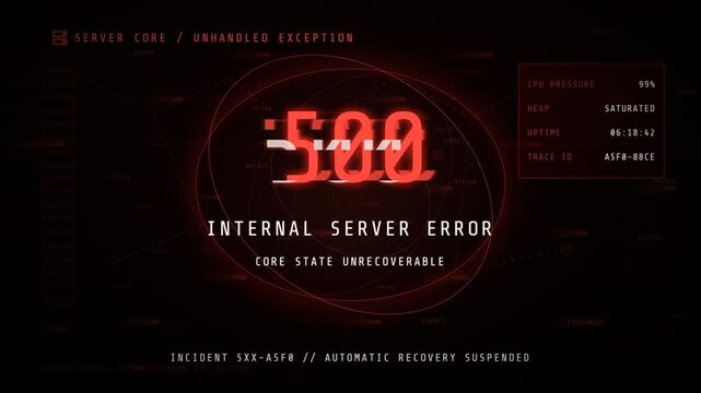 Digital animation of a 500 internal server error message with red glitch effects on a dark technical interface.