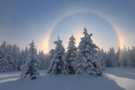 View of sundog with snowy landscape
