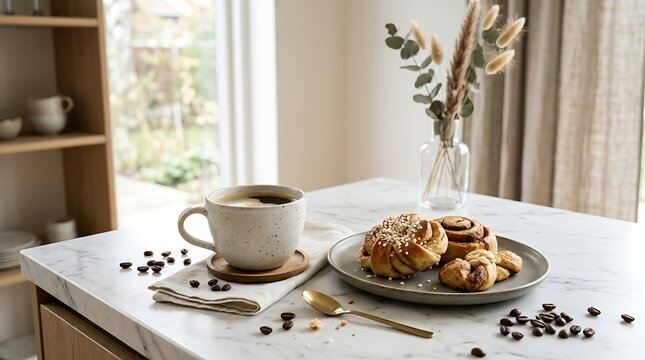 Fresh coffee cup and sweet chocolate cookies served on a grey table in a bright modern kitchen interior. kaffe pause