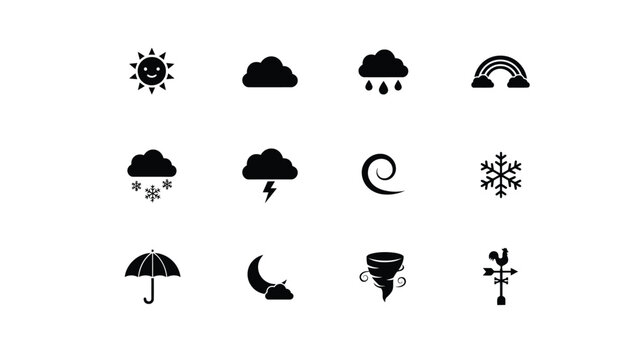 Collection of black and white weather icons representing various atmospheric conditions in a clean style with illustrating different weather symbols outdoor conditions rainbow