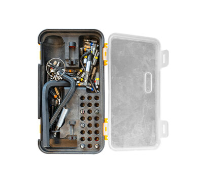Tool repair kit with assorted hand tools isolated PNG on transparent background, compact toolbox for maintenance, workshop and mechanical work