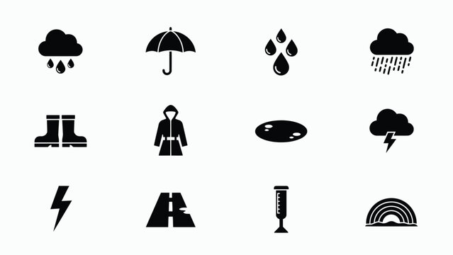 Weather icons depicting various conditions in a clean grid layout with Black white icons illustrate different weather conditions related items precipitation illustration rain