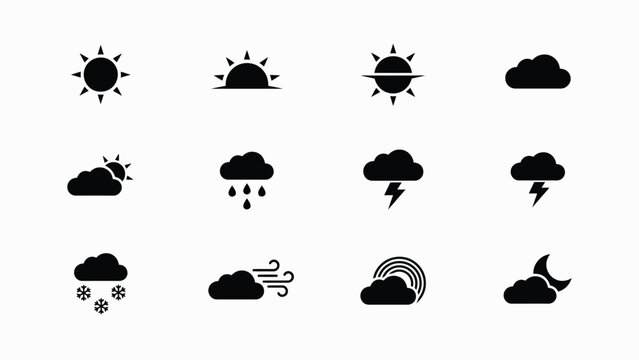 Weather icons illustrating various sky conditions in minimalist black with Set twelve simple icons different weather conditions atmospheric phenomena partlycloudy illustration