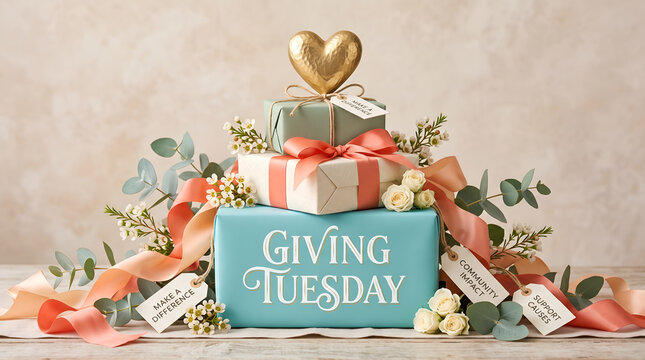 Stack of Gift Boxes for Giving Tuesday Celebration. Giving Tuesday greeting card with gift boxes.