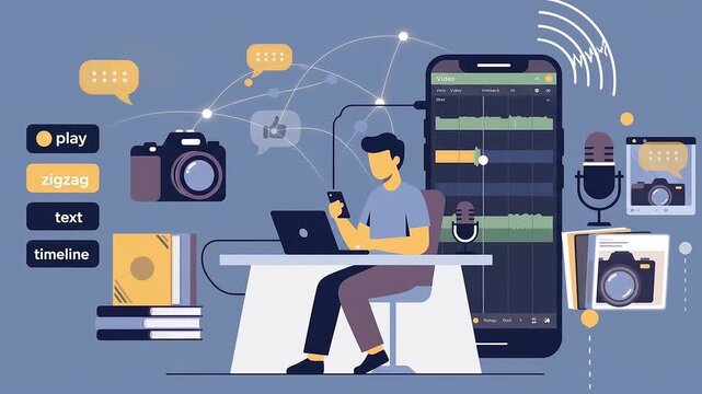 Male content creator editing video on mobile app flat animation