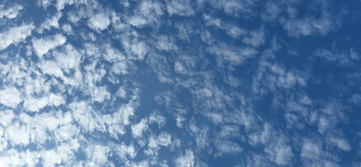 A group of altocumulus clouds across a blue sky, a type of mid-level cloud that often forms as white clumps or sheets scattered. The white flakes are arranged in wave-like or fish scale patterns.  © Vanchuree