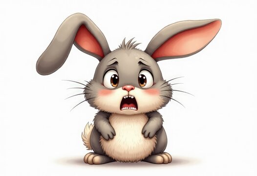 Frightened rabbit with long ears, wide eyes, open mouth, raised tense posture, surprised and startled expression, expressive cartoon animal illustration conveying fear, panic, surprise, anxiety, alarm