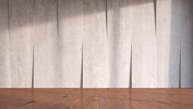 Concrete wall and wooden flooring, 3D Rendering