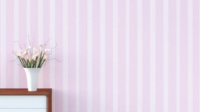 Sideboard with flower vase in front of striped pink wallpaper