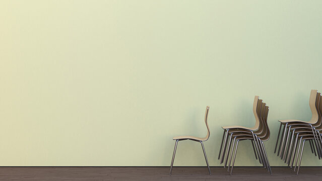 Three stacks of chairs on oak wooden floor in front of a wall, 3D Rendering
