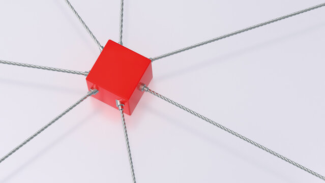 3D rendering of red cube attached to ropes