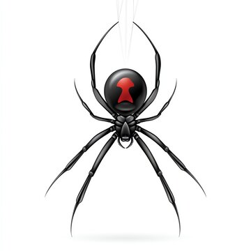 Black Widow Spider with Red Hourglass Symbol Hanging by a Thread