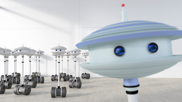 Group of robots in a room with one seperated from the others, 3d rendering