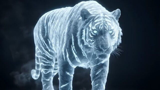 Ethereal Majestic Tiger Created from Glowing Luminescent Light Particles Walking in Deep Dark Void Space