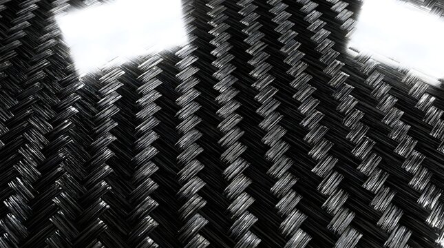 Macro shot of a glossy black carbon fiber weave surface texture with intense square light reflections highlighting the diagonal woven patterns for automotive and high-tech industrial backgrounds.