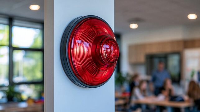Detailed close up of a red LED emergency alarm siren illuminated on a clean bright classroom wall, modern school interior, safety and security equipment, natural daylight, emergency preparedness edu