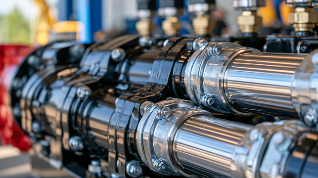 Detailed close view of a dense cluster of polished silver metal tubes joined by reinforced bolts and hydraulic fittings, subtle fingerprints and machining textures visible under bright light, high p