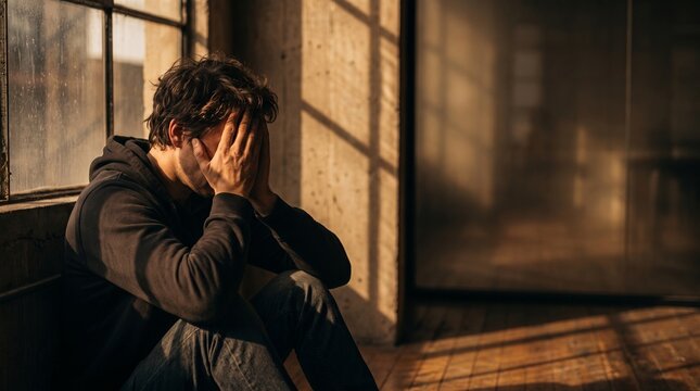 Sad young man sitting alone on the floor covering his face with hands wearing a dark hoodie in warm golden hour light with cinematic shadows