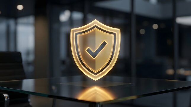 Golden shield with checkmark symbolizing security on glass table in modern office concept