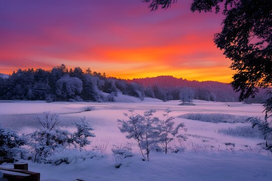 Snowy forest lake landscape at vibrant winter sunset, Japan