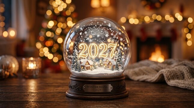 Festive parisian snow globe with christmas tree and cozy fireplace background