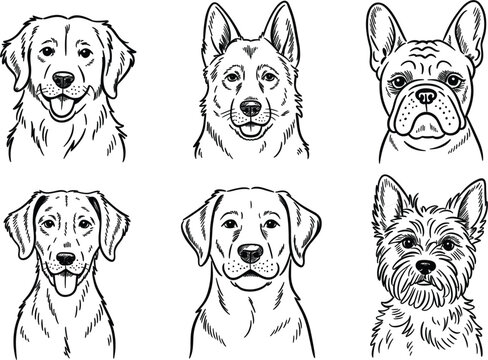 Hand drawn black outline dog breed heads portrait set, isolated puppy sketch vector illustration design elements