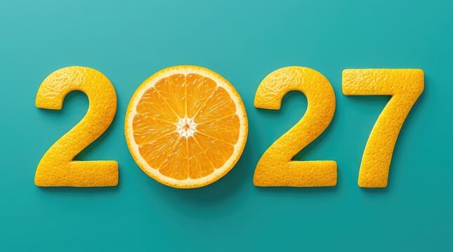 Creative new year concept featuring orange slice replacing zero in two thousand twenty seven