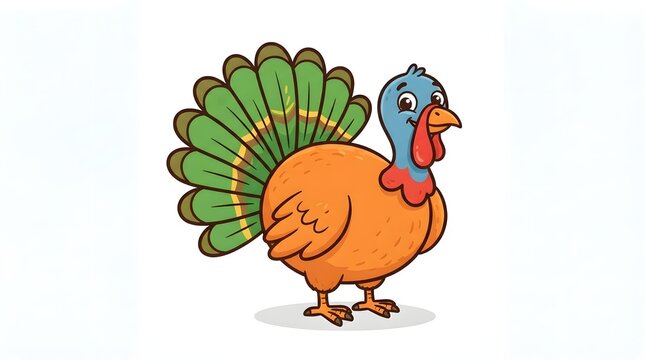 A delightful cartoon illustration of a vibrant orange turkey with a colorful fan of green and blue feathers perfect for thanksgiving celebrations autumn festivities and