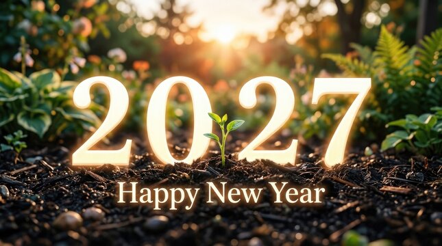 Festive new year 2027 celebration with lush green foliage and sunlight