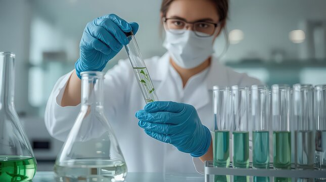 Female scientist holding a test tube with a plant specimen during biotechnology research in a modern laboratory.