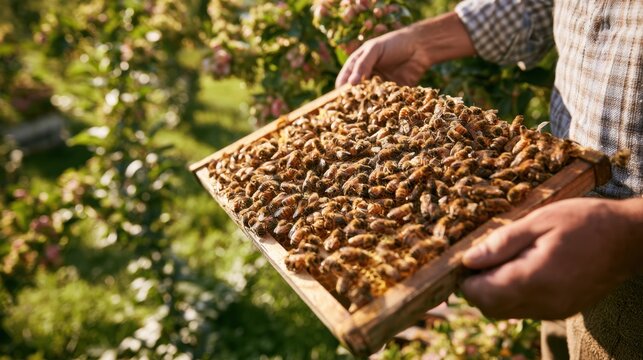 Close-up of beekeeper holding wooden frame full of honey bees inspecting hive outdoors in natural green garden environment