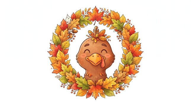 A delightful and charming cartoon illustration depicts a thanksgiving turkey creatively designed with a vibrant wreath of autumn leaves embodying the spirit of gratitude and