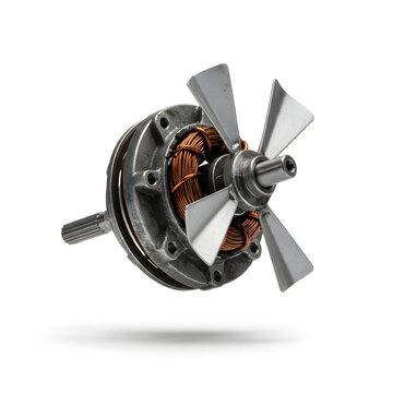 Electric motor rotor with copper windings and metal fan, on transparent background.